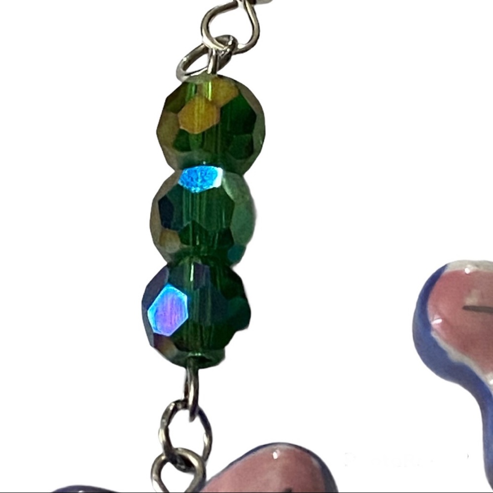 Hand Crafted Porcelain Butterfly Dangle Earrings Blue Pink Green Pretty Spring - Picture 3 of 4
